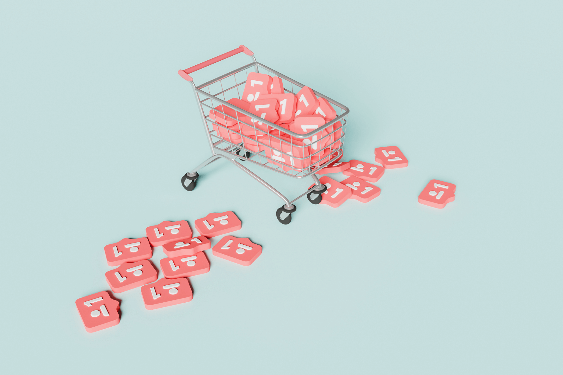 Image of a shopping trolley with pink social media engagement icons in it and spilling out of it