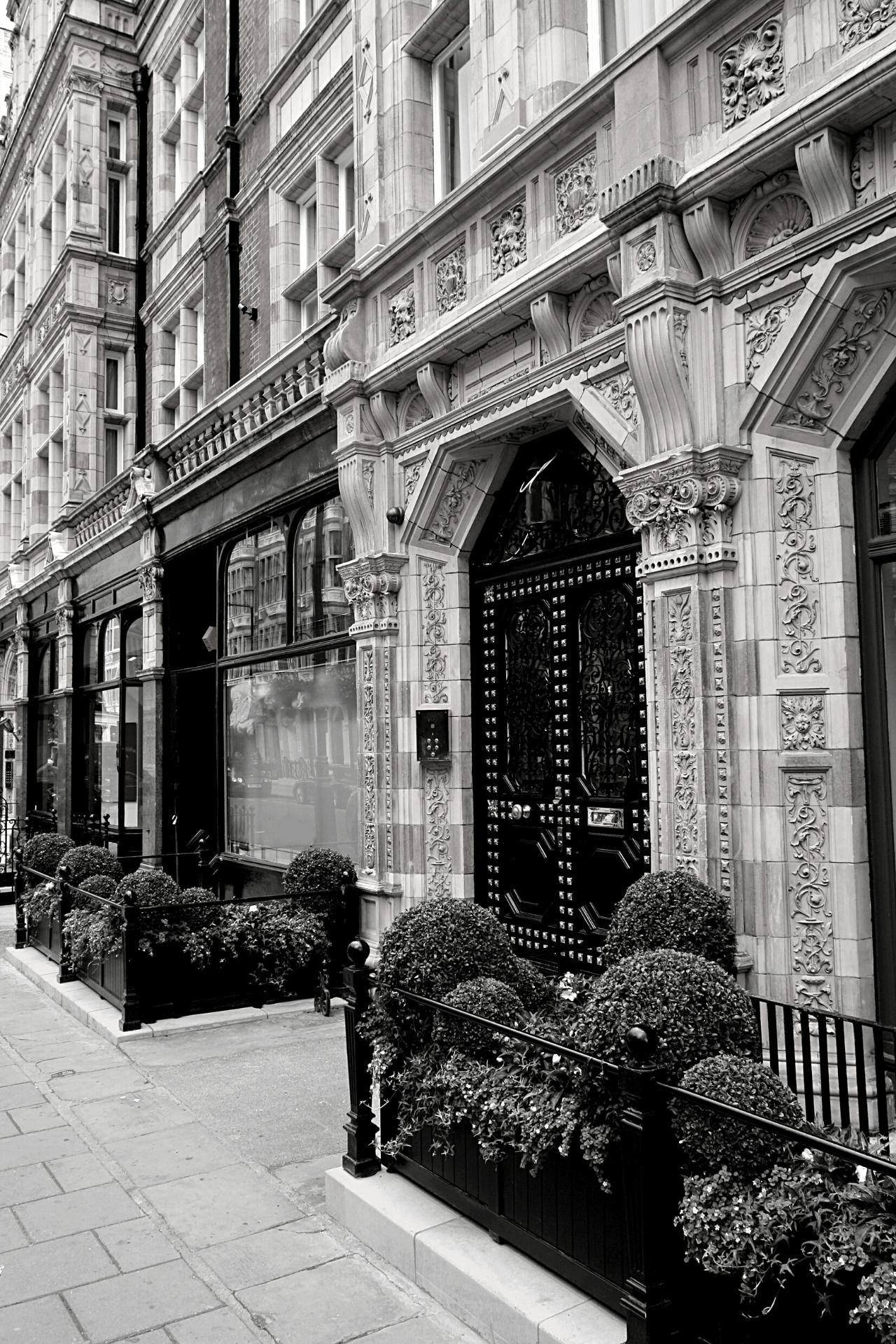 black and white image of a shop front in London Mayfair