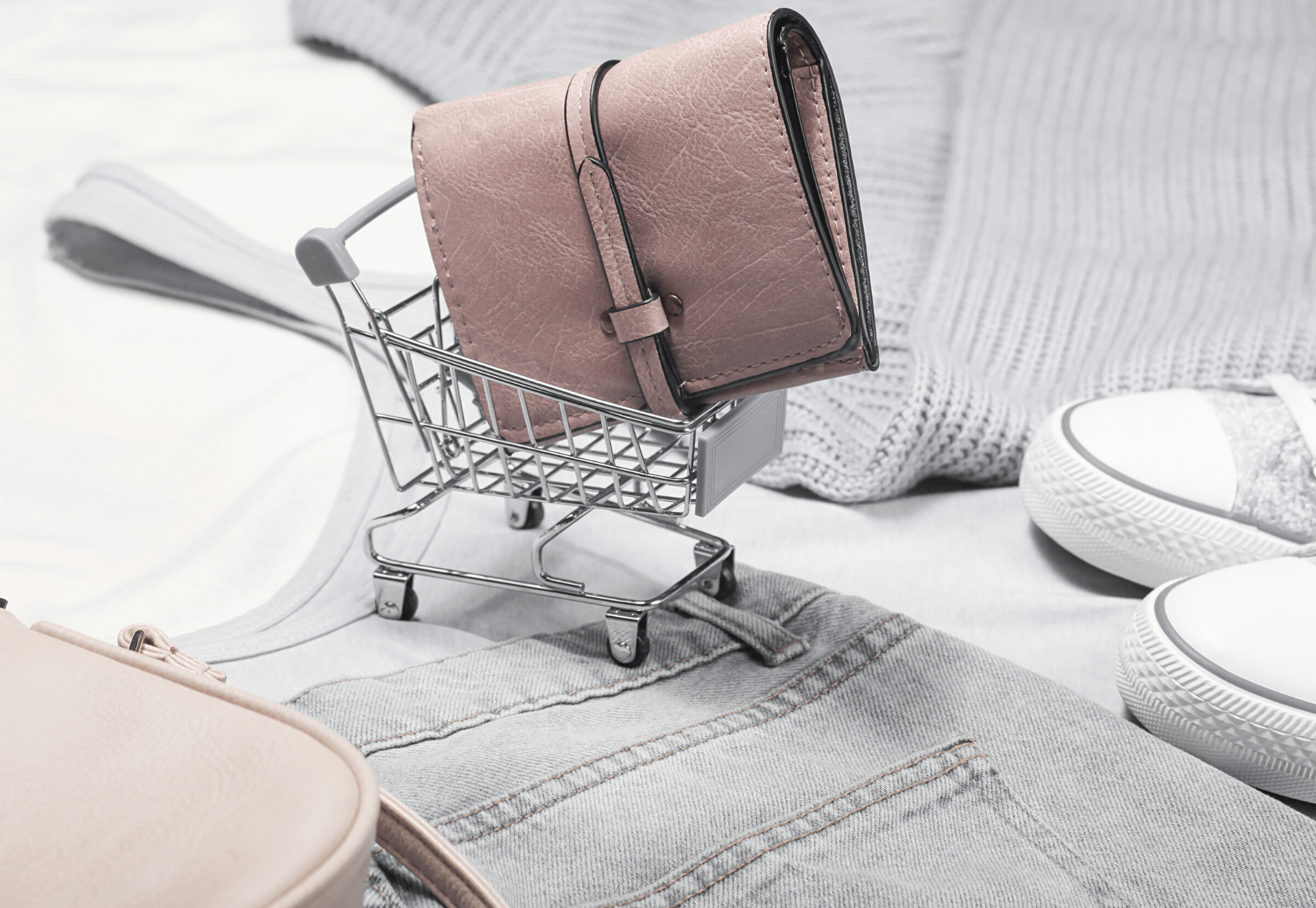 image of a leather wallet sitting in a shopping trolley with clothes laid flat around them.